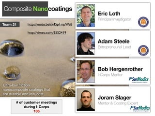 Composite Nanocoatings
                                            Eric Loth
                                            Principal Investigator
Team 21       http://youtu.be/sk45p1mpWe8

              http://vimeo.com/6552419

                                            Adam Steele
                                            Entrepreneurial Lead




                                            Bob Hergenrother
                                            I-Corps Mentor

Ultra-low friction
nanocomposite coatings that
are durable and low-cost
                                            Joram Slager
       # of customer meetings               Mentor & Coating Expert
            during I-Corps
                 106
 
