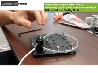 Composite Nanocoatings   Push a rod through a catheter tube
                         Preliminary data showed equivalency to Teﬂon
                         Teﬂon = $12 vs. Coating $0.10
 
