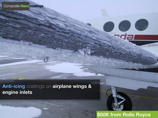Composite Nanocoatings




Anti-icing coatings on airplane wings &
engine inlets



                                          $50K from Rolls Royce
 