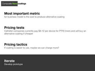 Composite Nanocoatings



 Most important metric
 for business model is the cost to produce alternative coating




 Pricing tests
 Catheter companies currently pay $8-12 per device for PTFE liners and will buy an
 alternative coating if cheaper




 Pricing tactics
 If coating is easier to use, maybe we can charge more?




 Iterate
 Develop prototype
 