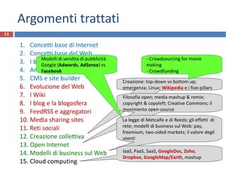 Argomenti trattati Concetti base di Internet Concetti base del Web I browser Architetture Web CMS e site builder Evoluzione del Web I Wiki I blog e la blogosfera FeedRSS e aggregatori Media sharing sites Reti sociali Creazione collettiva Open Internet Modelli di business sul Web Cloud computing R.Polillo - Dicembre 2011 Creazione: top-down vs bottom up; emergenza; Linux;  Wikipedia  e i five-pillars Filosofia open; media mashup & remix; copyright & copyleft; Creative Commons; il movimento open-source La legge di Metcalfe e di Reeds; gli effetti  di rete; modelli di business sul Web: pay, freemium, two-sided markets; il valore degli utenti  Modelli di vendita di pubblicità: Google ( Adwords ,  AdSense ) vs  Facebook  - Crowdsourcing for movie making - Crowdfunding IaaS, PaaS, SaaS,  GoogleDoc ,  Zoho ,  Dropbox ,  GoogleMap/Earth , mashup 