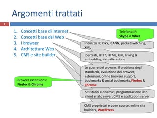 Argomenti trattati Concetti base di Internet Concetti base del Web I browser Architetture Web CMS e site builder CMS proprietari e open source, online site builders,  WordPress Siti statici e dinamici, programmazione lato client e lato server, CMS e application server Le guerre dei browser, il problema degli standards, evoluzione dei browser, estensioni, online browser support, bookmarks & social bookmarks,  Firefox   &  Chrome Ipertesti, HTTP, HTML, URI, linking & embedding, virtualizzazione R.Polillo - Dicembre 2011 Indirizzo IP, DNS, ICANN, packet switching, XML Browser extensions:  Firefox  &  Chrome Telefonia IP: Skype  &  Viber 