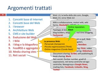 Argomenti trattati Concetti base di Internet Concetti base del Web I browser Architetture Web CMS e site builder Evoluzione del Web I Wiki I blog e la blogosfera FeedRSS e aggregatori Media sharing sites Reti sociali Struttura base; photo sharing:  Flickr ; video sharing:  YouTube ; slide sharing:  Slideshare ; Document sharing:  Scribd ; self-publishing & book sharing:  Blurb R.Polillo - Dicembre 2011 Web 1.0, la bolla delle dot.com, Google, Web 2.0, verso Web 3.0 Wiki e collaborazione, motori wiki, wiki farms,  MediaWiki ,  WikiBook Tipologia di blog, blog e online mahazines, blog builders, blogosfera, real time blogging,  Technorati Come venire informati: push vs pull, Web feeds, Feed readers, aggregatori,  FeedBurner ,  Google News, Netvibes Reti sociali, Dunbar number, gradi di separazione, reti tema-centriche ed ego-centriche; Newsgroup e  Google News , mailing lists,  Facebook ,  Linkedin ,  Ning, Twitter Online reputation:  Klout La presenza Web : Personale (Zamperini) Piccola organizzazione (Think) Online magazines (Conde Nast) 