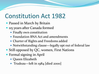 Constitution Act 1982
 Passed in March by Britain
 115 years after Canada formed
 Finally own constitution
 Foundation BNA Act and amendments
 Charter of Rights and Freedoms added
 Notwithstanding clause—legally opt out of federal law
 Still opposed by QC, women, First Nations
 Formal signing in April
 Queen Elizabeth
 Trudeau—left in 1984 [died 2000]
 