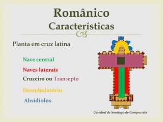 
Planta em cruz latina
Catedral de Santiago de Compostela
Nave central
Naves laterais
Cruzeiro ou Transepto
Deambulatório
Absidíolos
Românico
Características
 