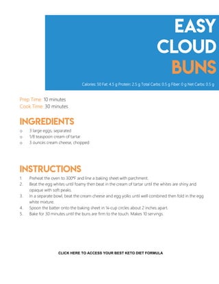 easy
Cloud
buns
Prep Time: 10 minutes
Cook Time: 30 minutes
Ingredients
o 3 large eggs, separated
o 1/8 teaspoon cream of tartar
o 3 ounces cream cheese, chopped
Instructions
1. Preheat the oven to 300°F and line a baking sheet with parchment.
2. Beat the egg whites until foamy then beat in the cream of tartar until the whites are shiny and
opaque with soft peaks.
3. In a separate bowl, beat the cream cheese and egg yolks until well combined then fold in the egg
white mixture.
4. Spoon the batter onto the baking sheet in ¼-cup circles about 2 inches apart.
5. Bake for 30 minutes until the buns are firm to the touch. Makes 10 servings.
Calories: 50 Fat: 4.5 g Protein: 2.5 g Total Carbs: 0.5 g Fiber: 0 g Net Carbs: 0.5 g
4
CLICK HERE TO ACCESS YOUR BEST KETO DIET FORMULA
 
