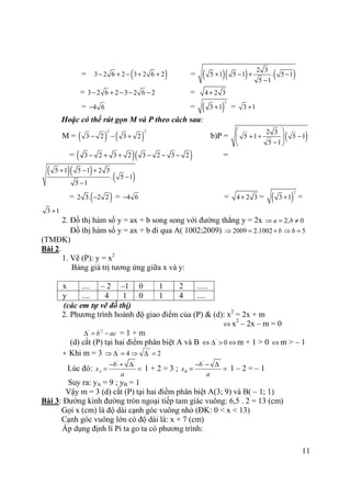 11
= ( )3 2 6 2 3 2 6 2− + − + + = ( )( ) ( )2 3
5 1 5 1 . 5 1
5 1
+ − + −
−
= 3 2 6 2 3 2 6 2− + − − − = 4 2 3+
= 4 6− = ( )
2
3 1+ = 3 1+
Hoặc có thể rút gọn M và P theo cách sau:
M = ( ) ( )
2 2
3 2 3 2− − + b)P = ( )2 3
5 1 5 1
5 1
 
+ + −  − 
= ( )( )3 2 3 2 3 2 3 2− + + − − − =
( )( )
( )
5 1 5 1 2 3
. 5 1
5 1
+ − +
−
−
= ( )2 3. 2 2− = 4 6− = 4 2 3+ = ( )
2
3 1+ =
3 1+
2. Đồ thị hàm số y = ax + b song song với đường thẳng y = 2x 2, 0a b⇒ = ≠
Đồ thị hàm số y = ax + b đi qua A( 1002;2009) 2009 2.1002 b⇒ = + 5b⇒ =
(TMĐK)
Bài 2.
1. Vẽ (P): y = x2
Bảng giá trị tương ứng giữa x và y:
x .... – 2 –1 0 1 2 .....
y .... 4 1 0 1 4 ....
(các em tự vẽ đồ thị)
2. Phương trình hoành độ giao điểm của (P) & (d): x2
= 2x + m
⇔ x2
– 2x – m = 0
' '2
b ac∆ = − = 1 + m
(d) cắt (P) tại hai điểm phân biệt A và B '
0⇔ ∆ > ⇔ m + 1 > 0 ⇔ m > – 1
∗ Khi m = 3 ' '
4 2⇒ ∆ = ⇒ ∆ =
Lúc đó:
' '
A
b
x
a
− + ∆
= = 1 + 2 = 3 ;
' '
B
b
x
a
− − ∆
= = 1 – 2 = – 1
Suy ra: yA = 9 ; yB = 1
Vậy m = 3 (d) cắt (P) tại hai điểm phân biệt A(3; 9) và B( – 1; 1)
Bài 3: Đường kính đường tròn ngoại tiếp tam giác vuông: 6,5 . 2 = 13 (cm)
Gọi x (cm) là độ dài cạnh góc vuông nhỏ (ĐK: 0 < x < 13)
Cạnh góc vuông lớn có độ dài là: x + 7 (cm)
Áp dụng định lí Pi ta go ta có phương trình:
 