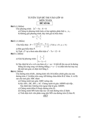 15
TUYỂN TẬP ĐỀ THI VÀO LỚP 10
MÔN TOÁN
ĐỀ SỐ 06
Bài 1.(1,5điểm)
Cho phương trình: 2x2
+ 5x – 8 = 0
a) Chứng tỏ phương trình luôn có hai nghiệm phân biệt x1 ; x2 .
b) Không giải phương trình, hãy tính giá trị biểu thức:
A =
1 2
2 2
x x
+
Bài 2. (1,5điểm)
Cho biểu thức : P =
4 4 4
2 2
a a a
a a
+ + −
+
+ −
( Với a ≥ 0 ; a ≠ 4 )
a) Rút gọn biểu thức P.
b) Tính P tại a thoả mãn điều kiện a2
– 7a + 12 = 0
Bài 3.( 2điểm)
a) Giải hệ phương trình:
3
2
3 2 5
x
y
x y

=

 − =
b) Xác định hệ số a và b của hàm số y = ax + b biết đồ thị của nó là đường
thẳng (d) song song với đường thẳng y = x + 2 và chắn trên hai trục toạ
độ một tam giác có diện tích bằng 2.
Bài 4.( 5điểm)
Cho đường tròn (O;R) , đường kính AD, B là điểm chính giữa của nửa
đường tròn, C là điểm trên cung AD không chứa điểm B (C khác A và D)
sao cho tam giác ABC nhọn
a) Chứng minh tam giác ABD vuông cân.
b) Kẻ AM ⊥ BC, BN ⊥ AC. Chứng minh tứ giác ABMN nội tiếp .
Xác định tâm I đường tròn ngoại tiếp tứ giác ABMN.
c) Chứng minh điểm O thuộc đường tròn (I).
d) Chứng minh MN luôn tiếp xúc với một đường tròn cố định.
e) Tính diện tích viên phân cung nhỏ MN của đường tròn (I) theo R.
HẾT
 