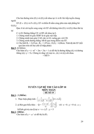 29
Cho hai đường tròn (O1) và (O2) cắt nhau tại A và B. Kẻ tiếp tuyến chung
ngoài
EF (E ∈ (O1) và F∈(O2), EF và điểm B nằm cùng phía nửa mặt phẳng bờ
O1O2)
Qua A kẻ cát tuyến song song với EF cắt đường tròn (O1) và (O2) theo thứ tự
tại
C và D. Đường thẳng CE và DF cắt nhau tại I.
1. Chứng minh tứ giác IEBF là tứ giác nội tiếp.
2. Chứng minh tam giác CAE cân và IA vuông góc với CD.
3. Chứng minh đường thẳng AB đi qua trung điểm của EF.
4. Cho biết R1 = 2,67cm ; R2 = 1,97cm ; O1O2 = 4,04cm. Tính độ dài EF (kết
quả làm tròn tới hai chữ số thập phân)
Bài 5. (0,5điểm).
Cho hàm số y = (– m2
+ 2m + 3)x + 1 có đồ thị là đường thẳng (d1) và đường
thẳng (d2): y = 5x. Chứng tỏ rằng với mọi m , (d1) và (d2) cắt nhau.
≈ HẾT≈
TUYỂN TẬP ĐỀ THI VÀO LỚP 10
MÔN TOÁN
ĐỀ SỐ 19
Bài 1. ( 1,5điểm).
1. Thực hiện phép tính : ( )1 2
15 2 6
5 2 6 5 2 6
 
+ + 
− + 
2. a) Rút gọn biểu thức : Q =
2 2
:
x
x yx y xy
xy y
+−
−
với x > 0 ; y > 0 và x y≠
b)Tính giá trị của Q tại x = 6 2 5+ ; y = 5
Bài 2. (2điểm) .
Cho hàm số y = 2
ax có đồ thị là (P).
 