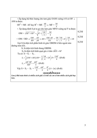 5
∗Áp dụng hệ thức lượng cho tam giác OAM vuông ở O có OF ⊥
AM ta được:
OF2
= MF. AF hay R2
= MF.
4
3
R
⇒ MF =
3
4
R
∗ Áp dụng định lí pi ta go cho tam giác MFO vuông tại F ta được:
OM =
2
2 2 2 3 5
OF
4 4
R R
MF R
 
+ = + = 
 
∗ OM // BD
OM AO
BD AB
⇒ =
.OM AB
BD
OA
⇒ = =
5 5 5
. : 2
4 3 3
R R R
R R
 
+ = 
 
Gọi S là diện tích phần hình tứ giác OBDM ở bên ngoài nửa
đường tròn (O) .
S1 là diện tích hình thang OBDM.
S2 là diện tích hình quạt góc ở tâm 0
90BON =
Ta có: S = S1 – S2 .
( )1
1
.
2
S OM BD OB= + =
2
1 5 13
2 .
2 4 8
R R
R R
 
+ = 
 
(đvdt)
2 0 2
2 0
.90
360 4
R R
S
π π
= = (đvdt)
Vậy S = S1 – S2 =
2 2
13
8 4
R Rπ
− = ( )
2
13 2
8
R
π− (đvdt)
hết
Lưu ý:Bài toán hình có nhiều cách giải .Có thể các em sẽ tìm nhiều cách giải hay
hơn.
0,25đ
0,25đ
0,25đ
 