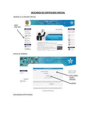 DESCARGA DE CERTIFICADO VIRTUAL
INGRESO A LA OFICINA VIRTUAL




DATOS DE INGRESO




DESCARGAR CERTIFICADOS
 