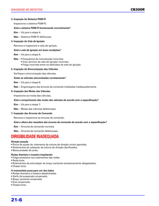 DIAGNOSE DE DEFEITOS                                                                  CB300R

3. Inspeção do Sistema PGM-FI
  Inspecione o sistema PGM-FI.
  Está o sistema PGM-FI funcionando normalmente?
  Sim – Vá para a etapa 4.
  Não – Sistema PGM-FI defeituoso.
4. Inspeção da Vela de Ignição
  Remova e inspecione a vela de ignição.
  Está a vela de ignição em boas condições?
  Sim – Vá para a etapa 5.
  Não – • Frequência de manutenção incorreta.
        • Grau térmico da vela de ignição incorreto.
        • Folga incorreta entre os eletrodos da vela de ignição.
5. Inspeção de Sincronização das Válvulas
  Verifique a sincronização das válvulas.
  Estão as válvulas sincronizadas corretamente?
  Sim – Vá para a etapa 6.
  Não – Engrenagens das árvores de comando instaladas inadequadamente.
6. Inspeção das Molas das Válvulas
  Inspecione as molas das válvulas.
  Está o comprimento das molas das válvulas de acordo com a especificação?
  Sim – Vá para a etapa 7.
  Não – Molas das válvulas defeituosas.
7. Inspeção das Árvores de Comando
  Remova e inspecione as árvores de comando.
  Está a altura dos ressaltos das árvores de comando de acordo com a especificação?
  Sim – Árvores de comando normais.
  Não – Árvores de comando defeituosas.

DIRIGIBILIDADE INADEQUADA
Direção pesada
• Porca de ajuste do rolamento da coluna de direção muito apertada.
• Rolamentos do cabeçote da coluna de direção danificados.
• Baixa pressão do pneu.
Rodas dianteira e traseira trepidando
• Folga excessiva nos rolamentos das rodas.
• Roda torta.
• Rolamentos da articulação do braço oscilante excessivamente desgastados.
• Chassi torto.
A motocicleta puxa para um dos lados
• Rodas dianteira e traseira desalinhadas.
• Garfo da suspensão empenado.
• Braço oscilante empenado.
• Eixo empenado.
• Chassi torto.




21-6
 