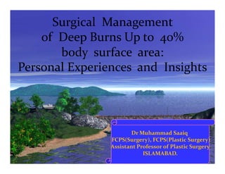 Dr Muhammad Saaiq
FCPS(Surgery), FCPS(Plastic Surgery)
Assistant Professor of Plastic Surgery
ISLAMABAD.
Surgical Management
of Deep Burns Up to 40%
body surface area:
Personal Experiences and Insights
 