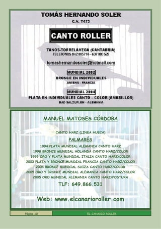 MANUEL MATOSES CÓRDOBA

                   CANTO HARZ (LINEA HUECA)

                         PALMARÉS
            1994 PLATA MUNDIAL ALEMANIA CANTO HARZ
     1998 BRONCE MUNDIAL HOLANDA CANTO HARZ/COLOR
   1999 ORO Y PLATA MUNDIAL ITALIA CANTO HARZ/COLOR
2003 PLATA Y BRONCE MUNDIAL FRANCIA CANTO HARZ/COLOR
       2004 BRONCE MUNDIAL SUIZA CANTO HARZ/COLOR
2005 ORO Y BRONCE MUNDIAL ALEMANIA CANTO HARZ/COLOR
     2005 ORO MUNDIAL ALEMANIA CANTO HARZ/POSTURA

                    TLF: 649.866.531


        Web: www.elcanarioroller.com

Página 10                         EL CANARIO ROLLER
 
