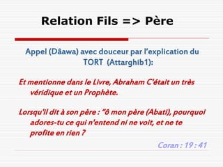 Relation Fils => Père

  Appel (Dâawa) avec douceur par l’explication du
                 TORT (Attarghib1):

Et mentionne dans le Livre, Abraham C'était un très
   véridique et un Prophète.

Lorsqu'il dit à son père : “ô mon père (Abati), pourquoi
   adores-tu ce qui n'entend ni ne voit, et ne te
   profite en rien ?
                                          Coran : 19 : 41
 