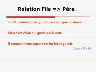 Relation Fils => Père

Tu (Muhammad) ne guides pas celui que tu aimes :

Mais c'est Allah qui guide qui Il veut.

Il connaît mieux cependant les biens guidés.
                                           Coran : 28 : 56
 