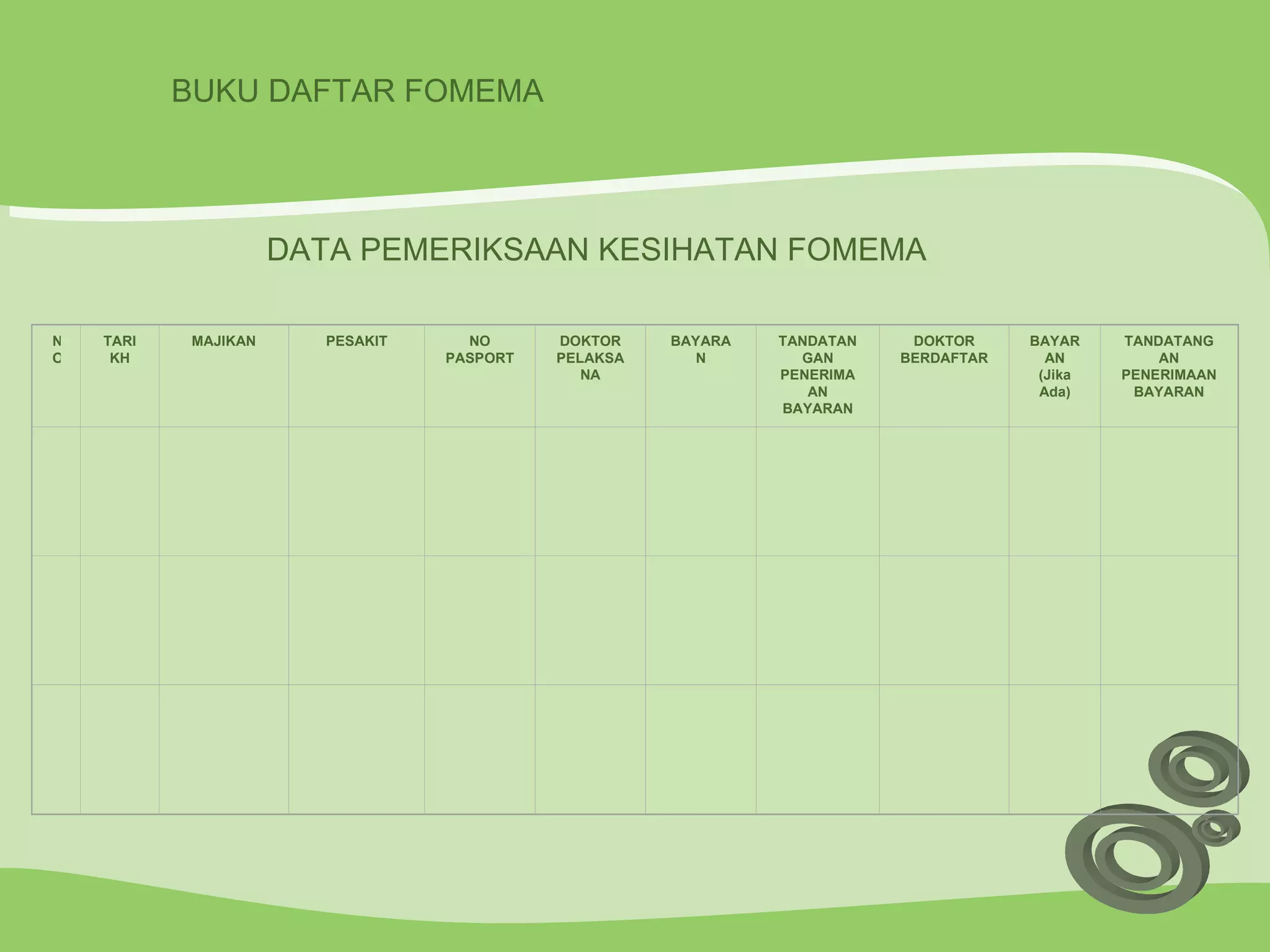 BUKU DAFTAR FOMEMA  DATA PEMERIKSAAN KESIHATAN FOMEMA NO TARIKH MAJIKAN PESAKIT NO PASPORT DOKTOR PELAKSANA BAYARAN TANDATANGAN PENERIMAAN BAYARAN DOKTOR BERDAFTAR BAYARAN (Jika Ada) TANDATANGAN PENERIMAAN BAYARAN                                                                                     