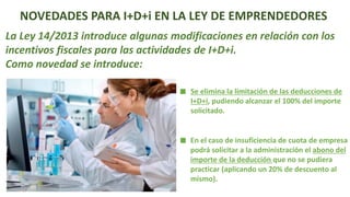 NOVEDADES PARA I+D+i EN LA LEY DE EMPRENDEDORES
La Ley 14/2013 introduce algunas modificaciones en relación con los
incentivos fiscales para las actividades de I+D+i.
Como novedad se introduce:
Se elimina la limitación de las deducciones de
I+D+i, pudiendo alcanzar el 100% del importe
solicitado.
En el caso de insuficiencia de cuota de empresa
podrá solicitar a la administración el abono del
importe de la deducción que no se pudiera
practicar (aplicando un 20% de descuento al
mismo).
 