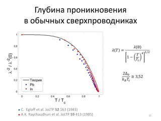 Глубина проникновения
                      в обычных сверхпроводниках
           1



          0.8
/ -2(0)




          0.6



          0.4
-2




          0.2          Теория
                       Pb
                       In
           0
                  0       0.2       0.4            0.6   0.8     1
                                          T / Tc

                ● C. Egloff et al. JoLTP 52 163 (1983)
                ● A.K. Raychaudhuri et al. JoLTP 59 413 (1985)       12
 