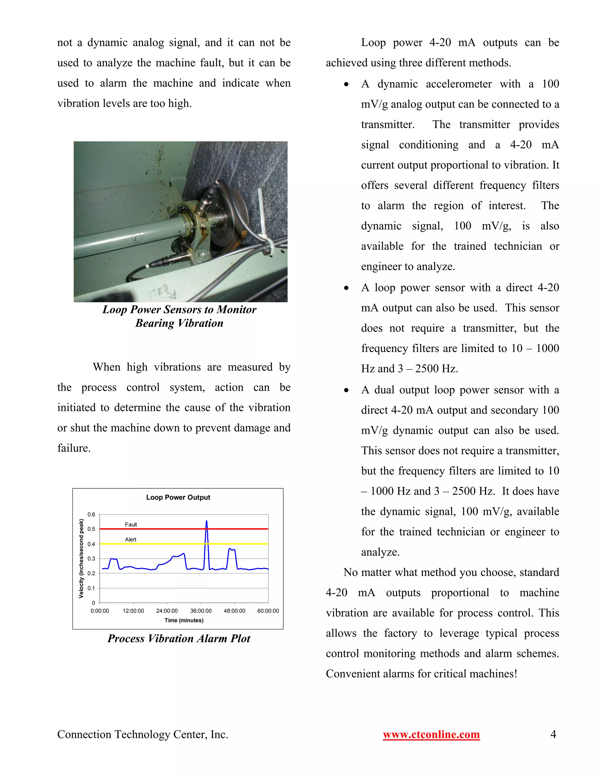 not a dynamic analog signal, and it can not be 
used to analyze the machine fault, but it can be 
used to alarm the machine and indicate when 
vibration levels are too high. 
Loop Power Sensors to Monitor 
Bearing Vibration 
When high vibrations are measured by 
the process control system, action can be 
initiated to determine the cause of the vibration 
or shut the machine down to prevent damage and 
failure. 
Loop power 4-20 mA outputs can be 
achieved using three different methods. 
• A dynamic accelerometer with a 100 
mV/g analog output can be connected to a 
transmitter. The transmitter provides 
signal conditioning and a 4-20 mA 
current output proportional to vibration. It 
offers several different frequency filters 
to alarm the region of interest. The 
dynamic signal, 100 mV/g, is also 
available for the trained technician or 
engineer to analyze. 
• A loop power sensor with a direct 4-20 
mA output can also be used. This sensor 
does not require a transmitter, but the 
frequency filters are limited to 10 – 1000 
Hz and 3 – 2500 Hz. 
• A dual output loop power sensor with a 
direct 4-20 mA output and secondary 100 
mV/g dynamic output can also be used. 
This sensor does not require a transmitter, 
but the frequency filters are limited to 10 
– 1000 Hz and 3 – 2500 Hz. It does have 
the dynamic signal, 100 mV/g, available 
for the trained technician or engineer to 
analyze. 
No matter what method you choose, standard 
4-20 mA outputs proportional to machine 
vibration are available for process control. This 
allows the factory to leverage typical process 
control monitoring methods and alarm schemes. 
Convenient alarms for critical machines! 
Loop Power Output 
0.6 
0.5 
0.4 
0.3 
0.2 
0.1 
0 
Fault 
Alert 
0:00:00 12:00:00 24:00:00 36:00:00 48:00:00 60:00:00 
Time (minutes) 
Velocity (inches/second peak) 
Process Vibration Alarm Plot 
Connection Technology Center, Inc. www.ctconline.com 4 
 