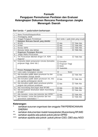 Formulir
         Pengajuan Permohonan Penilaian dan Evaluasi
     Kelengkapan Dokumen Rencana Pembangunan Jangka
                      Menengah Daerah

Beri tanda       pada kolom berkenaan
 1    Nama Provinsi/Kabupaten/Kota
 2    Penanggung Jawab
 3    Tanggal Pengajuan Permohonan                       (beri tanda √ pada kotak yang sesuai)
      Dokumen Rencana Daerah yang dimiliki
 4    RPJPD                                                 Ada                     Tidak   Ada
 5    RTRW                                                  Ada                     Tidak   Ada
 6    Renstra SKPD                                          Ada                     Tidak   Ada
 7    Rencana Sektor atau lainnya                           Ada                     Tidak   Ada
      Organisasi Penyiapan Rencana
 8    Jangka Waktu Perencanaan
 9    Tim Perencanaan dibentuk dengan S.K. KDH/             Ada                     Tidak Ada
      Bappeda*
10    Kerjasama dalam penyusunan rencana (konsultan,        Konsultan
      perguruan tinggi, donor dsb )                         Perguruan Tinggi
                                                            Donor
                                                            Swakelola
      Proses Penyiapan Rencana
11    Lama waktu menyiapkan rencana                         ............... Bulan
12    Ada konsultasi publik dalam perumusan isu dan         Ada                     Tidak Ada
      permasalahan strategis daerah
13    Ada konsultasi publik dalam perumusan visi, misi      Ada                     Tidak Ada
      dan agenda pembangunan daerah
14    Ada konsultasi publik dalam perumusan prioritas       Ada                     Tidak Ada
      program dan perkiraan pendanaan
15    Ada musrenbang Rancangan Awal RPJMD                   Ada                     Tidak Ada
16    Ada kesepakatan dirumuskan dalam musrenbang           Ada                     Tidak Ada
      RPJMD**
17    Ada masukan, review dan komentar dari DPRD***         Ada                     Tidak Ada
18    Ada masukan, review dan komentar dari non             Ada                     Tidak Ada
      government stakeholders****

Keterangan:
*    sertakan susunan organisasi dan anggota TIM PERENCANAAN
     DAERAH
**   sertakan dokumentasi risalah kesepakatan Musrenbang RPJMD
*** sertakan apabila ada pokok-pokok pikiran DPRD
**** sertakan apabila ada pokok- pokok pikiran CSO, CBO atau NGO




                                            22
 