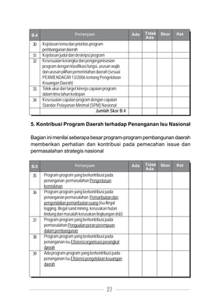 B.4                     Pertanyaan                       Ada   Tidak   Skor   Ket
                                                               Ada
30    Kejelasan tema dan prioritas program
      pembangunan daerah
31    Kejelasan judul dan deskripsi program
32    Kesesuaian kerangka dan pengorganisasian
      program dengan klasifikasi fungsi, urusan wajib
      dan urusan pilihan pemerintahan daerah (sesuai
      PERMENDAGRI 13/2006 tentang Pengelolaan
      Keuangan Daerah)
33    Tolok ukur dan target kinerja capaian program
      dalam lima tahun kedepan
34    Kesesuaian capaian program dengan capaian
      Stándar Pelayanan Minimal (SPM) Nasional
                                       Jumlah Skor B.4

5. Kontribusi Program Daerah terhadap Penanganan Isu Nasional

Bagian ini menilai seberapa besar program-program pembangunan daerah
memberikan perhatian dan kontribusi pada pemecahan issue dan
permasalahan strategis nasional

B.5                     Pertanyaan                       Ada   Tidak   Skor   Ket
                                                               Ada
35    Program-program yang berkontribusi pada
      penanganan permasalahan Pengentasan
      kemiskinan
36    Program-program yang berkontribusi pada
      penanganan permasalahan Pemanfaatan dan
      pengendalian pemanfaatan ruang (isu illegal
      logging, illegal sand mining, kerusakan hutan
      lindung dan masalah kerusakan lingkungan dsb)
37    Program-program yang berkontribusi pada
      permasalahan Penguatan peran perempuan
      dalam pembangunan
38    Program-program yang berkontribusi pada
      penanganan isu Efisiensi organisasi perangkat
      daerah
39    Ada program-program yang berkontribusi pada
      penanganan isu Efisiensi pengelolaan keuangan
      daerah




                                          27
 