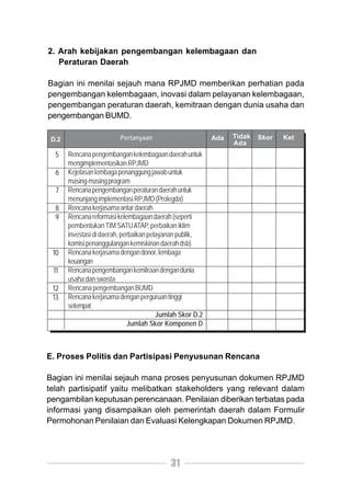2. Arah kebijakan pengembangan kelembagaan dan
   Peraturan Daerah

Bagian ini menilai sejauh mana RPJMD memberikan perhatian pada
pengembangan kelembagaan, inovasi dalam pelayanan kelembagaan,
pengembangan peraturan daerah, kemitraan dengan dunia usaha dan
pengembangan BUMD.

 D.2                      Pertanyaan                       Ada   Tidak   Skor   Ket
                                                                 Ada
  5    Rencana pengembangan kelembagaan daerah untuk
       mengimplementasikan RPJMD
  6    Kejelasan lembaga penanggung jawab untuk
       masing-masing program
  7    Rencana pengembangan peraturan daerah untuk
       menunjang implementasi RPJMD (Prolegda)
  8    Rencana kerjasama antar daerah
  9    Rencana reformasi kelembagaan daerah (seperti
       pembentukan TIM SATU ATAP, perbaikan iklim
       investasi di daerah, perbaikan pelayanan publik,
       komisi penanggulangan kemiskinan daerah dsb)
 10    Rencana kerjasama dengan donor, lembaga
       keuangan
 11    Rencana pengembangan kemitraan dengan dunia
       usaha dan swasta
 12    Rencana pengembangan BUMD
 13    Rencana kerjasama dengan perguruan tinggi
       setempat
                                         Jumlah Skor D.2
                              Jumlah Skor Komponen D



E. Proses Politis dan Partisipasi Penyusunan Rencana

Bagian ini menilai sejauh mana proses penyusunan dokumen RPJMD
telah partisipatif yaitu melibatkan stakeholders yang relevant dalam
pengambilan keputusan perencanaan. Penilaian diberikan terbatas pada
informasi yang disampaikan oleh pemerintah daerah dalam Formulir
Permohonan Penilaian dan Evaluasi Kelengkapan Dokumen RPJMD.




                                            31
 