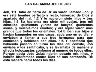 LAS CALAMIDADES DE JOB
Job, 1:1 Hubo en tierra de Uz un varón llamado Job; y
era este hombre perfecto y recto, temeroso de Dios y
apartado del mal. 1:2 Y le nacieron siete hijos y tres
hijas. 1:3 Su hacienda era siete mil ovejas, tres mil
camellos, quinientas yuntas de bueyes, quinientas
asnas, y muchísimos criados; y era aquel varón más
grande que todos los orientales. 1:4 E iban sus hijos y
hacían banquetes en sus casas, cada uno en su día; y
enviaban a llamar a sus tres hermanas para que
comiesen y bebiesen con ellos. 1:5 Y acontecía que
habiendo pasado en turno los días del convite, Job
enviaba y los santificaba, y se levantaba de mañana y
ofrecía holocaustos conforme al número de todos ellos.
Porque decía Job: Quizá habrán pecado mis hijos, y
habrán blasfemado contra Dios en sus corazones. De
esta manera hacía todos los días.
 