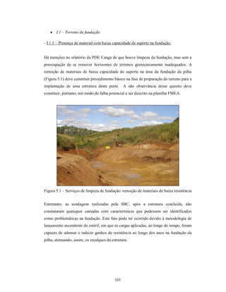  I.1 – Terreno de fundação

- I.1.1 – Presença de material com baixa capacidade de suporte na fundação:


Há menções no relatório da PDE Canga de que houve limpeza da fundação, mas sem a
preocupação de se remover horizontes de terrenos geotecnicamente inadequados. A
remoção de materiais de baixa capacidade de suporte na área da fundação da pilha
(Figura 5.1) deve constituir procedimento básico na fase de preparação do terreno para a
implantação de uma estrutura deste porte.        A não observância desse quesito deve
constituir, portanto, um modo de falha potencial a ser descrito na planilha FMEA.




Figura 5.1 – Serviços de limpeza de fundação: remoção de materiais de baixa resistência


Entretanto, as sondagens realizadas pela SBC, após a estrutura concluída, não
constataram quaisquer camadas com características que pudessem ser identificados
como problemáticas na fundação. Este fato pode ter ocorrido devido à metodologia de
lançamento ascendente do estéril, em que as cargas aplicadas, ao longo do tempo, foram
capazes de adensar e induzir ganhos de resistência ao longo dos anos na fundação da
pilha, atenuando, assim, os recalques da estrutura.




                                           101
 