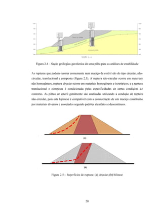 Figura 2.4 – Seção geológica-geotécnica de uma pilha para as análises de estabilidade


As rupturas que podem ocorrer comumente num maciço de estéril são do tipo circular, não-
circular, translacional e composta (Figura 2.5). A ruptura não-circular ocorre em materiais
não homogêneos, ruptura circular ocorre em materiais homogêneos e isotrópicos; e a ruptura
translacional e composta é condicionada pelas especificidades de certas condições de
contorno. As pilhas de estéril geralmente são analisadas utilizando a condição de ruptura
não-circular, pois esta hipótese é compatível com a consideração de um maciço constituído
por materiais diversos e associados segundo padrões aleatórios e descontínuos.




                Figura 2.5 – Superfícies de ruptura: (a) circular; (b) bilinear




                                              20
 