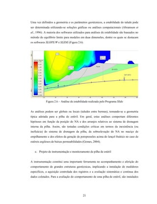 Uma vez definidos a geometria e os parâmetros geotécnicos, a estabilidade do talude pode
ser determinada utilizando-se soluções gráficas ou análises computacionais (Abramson et
al., 1996). A maioria dos softwares utilizados para análises de estabilidade são baseados no
método do equilíbrio limite para modelos em duas dimensões, dentre os quais se destacam
os softwares SLOPE/W e SLIDE (Figura 2.6).




             Figura 2.6 – Análise de estabilidade realizada pelo Programa Slide


As análises podem ser globais ou locais (taludes entre bermas), tomando-se a geometria
típica adotada para a pilha de estéril. Em geral, estas análises comportam diferentes
hipóteses em função da posição do NA e dos arranjos relativos ao sistema de drenagem
interna da pilha. Assim, são testadas condições críticas em termos da inexistência (ou
ineficácia) do sistema de drenagem da pilha, da sobreelevação do NA no maciço de
empilhamento e dos efeitos da geração de poropressões acima do lençol freático no caso de
estéreis argilosos de baixas permeabilidades (Gomes, 2004).


   e. Projeto de instrumentação e monitoramento de pilha de estéril


A instrumentação constitui uma importante ferramenta no acompanhamento e aferição do
comportamento de grandes estruturas geotécnicas, implicando a instalação de medidores
específicos, a aquisição controlada dos registros e a avaliação sistemática e contínua dos
dados coletados. Para a avaliação do comportamento de uma pilha de estéril, são instalados




                                            21
 