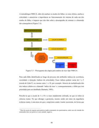 A metodologia FMECA, além de analisar os modos de falha e os seus efeitos, analisa a
criticidade e caracteriza a importância no funcionamento do sistema de cada um dos
modos de falha, o impacto que eles têm sobre o desempenho do sistema e a dimensão
das consequência (Figura 3.3).




          Figura 3.3 – Fluxograma das etapas para análise de risco tipo FMECA


Para cada falha identificada ao longo do processo são atribuídos índices de ocorrência,
severidade e detecção (índices de criticidade). Esses índices podem variar de 1 a 5
(escala de Likert1), ou mesmo entre 1 e 10, por exemplo. Através da multiplicação dos
três índices obtém-se o chamado ‘índice de risco’ e, consequentemente, a falha que tem
prioridade para ser detalhada (Stamatis, 1995).


Percebe-se que a escala de 1 a 10 é a mais amplamente utilizada, no que se refere às
ciências exatas. No que abrange a geotecnia, mesmo sendo um ramo da engenharia
(ciência exata), é uma área em que o empirismo ainda é muito recorrente, de forma que



1
 Tipo de escala de resposta psicométrica usada comumente em questionários, onde cerca de metade dos
enunciados deve ser positiva e outra metade, negativa.




                                                48
 