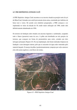 4.3 PDE DEPÓSITOS ANTIGOS CAUÊ


A PDE Depósitos Antigos Cauê encontra-se na encosta situada na posição norte do pit
da Mina Cauê, formada com estéril proveniente desta mina, constituído por itabiritos de
baixo teor e xistos. De acordo com relatórios pesquisados, a PDE começou a ser
implantada no início da década de 50, tendo maior utilização até 1986, tendo sido
definitivamente abandonada em 1994.


Os terrenos de fundação estão situados em encostas íngremes e acidentadas, ocupando
todo o flanco (posterior) norte da cava. A pilha está distribuída em três porções de
terrenos, que avançam em forma de promontórios para norte, cortados por dois
talvegues principais (Figura 4.5). Na sua implantação, não foram realizadas limpezas da
fundação e nem drenagem interna, pelo que as nascentes de água estão soterradas pelo
material lançado. O maciço da pilha é predominantemente composto por solos arenosos
e/ou silto-areno-argilosos, com blocos de rochas.




                    PDE DEPÓSITOS ANTIGOS CAUÊ




                       Figura 4.5 – PDE Depósitos Antigos Cauê




                                           65
 