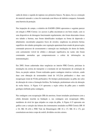saída do dreno e seguida de rupturas nos primeiros bancos. Na época, fez-se a remoção
do material saturado e a área foi reaterrada com blocos de itabirito compacto, formando
uma barreira de proteção.


Nas inspeções de campo, o relatório do GAGHS (2004) apresentou o seguinte parecer
em relação à PDE Correia: 〈os acessos à pilha encontram-se em bom estado, com os
seus dispositivos de drenagens funcionando regularmente; não foram detectadas trincas
nos taludes e bermas, mas foram identificados recalques na forma de depressão e
abatimento; encontrados pequenos focos de erosões; surgências na primeira berma;
superfícies dos taludes protegidas com vegetação aparentam bom estado de preservação;
constatado processo de assoreamento e saturação nas imediações do dreno de fundo,
com carreamento visível de sólidos e alteração significativa da vazão; não foram
constatadas   anomalias     que   comprometessem     a   coleta      de   informações   na
instrumentação〉.


Em 2005, foram cadastradas duas surgências no interior PDE Correia, próximas às
instalações da correia de transporte e à montante de um barramento de contenção de
finos, na porção sudeste. Foram realizadas quatro sondagens rotativas verticais, sendo
duas com obtenção de testemunhos (total de 143,21m perfurados) e duas sem
recuperação (total de 93,0m perfurados). Os litotipos predominantes na pilha são solos
de alteração de xistos e formação ferrífera. Na fundação, predominam solos de alteração
de rocha básica. A Figura 4.14 apresenta a seção crítica da pilha para o modelo
geológico definido pelas sondagens.


Nas sondagens com recuperação (SR) de amostras, foram instalados piezômetros com a
célula drenante inserida na fundação e, nas sondagens sem recuperação (SRi),
medidores de nível de água alojados no corpo da pilha. A Figura 4.15 apresenta um
gráfico com a variação das leituras dos instrumentos instalados na PDE Correia (SR 18
e 24; SRi 18 e24) e PDE Vale da Dinamitagem (SR 16 e 17; SRi 16 e 17), por
constituírem um único corpo de estéril, divididos em dois setores.




                                           77
 
