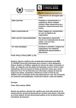 entendimento da mensagem pelo
outro.
Saber aprender Trabalhar o conhecimento e a
experiência. Rever modelos
mentais. Saber desenvolver-se e
propiciar o desenvolvimento dos
outros
Saber comprometer-se Saber engajar-se e comprometer-
se com os objetivos da
organização.
Saber assumir responsabilidades Ser responsável, assumindo
riscos e as consequências de suas
ações, e ser, por isso,
reconhecido.
Ter visão estratégica Conhecer e entender o negócio da
organização, seu ambiente,
identificando oportunidades e
alternativas.
Fonte: Fleury e Fleury (2001, p. 22).
Quadros, figuras e gráficos são considerados ilustrações pela NBR
14.724/2024. Acima das ilustrações deve constar o nome designativo
(Figura, Quadro ou Gráfico), seguido do número de ordem, travessão e o
título. Já a legenda, que fica abaixo da ilustração e inclui a fonte e notas
explicativas, deve ser escrita em letras de tamanho menor que o texto
(tamanho 10 ou 11). Na fonte deve ser informada a citação do texto de
origem dos dados, remetendo à referência na lista no final do seu
trabalho. Caso a ilustração tenha sido elaborada por você, não constando
em nenhuma outra publicação, a fonte deve indicar o autor do trabalho.
Exemplo:
Fonte: O(a) autor(a), (2025).
Quanto aos gráficos, atenção! Se o gráfico que você está usando for de
autoria externa, ele deverá apresentar-se no texto como figura, indicando-
se a fonte original. Só será denominado gráfico se for de autoria própria
(resultados da pesquisa).
 