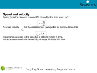 4
Everything Science www.everythingscience.co.za
Speed and velocity
Speed (v) is the distance covered (D) divided by the time taken (∆t):
Average velocity ( ) is the displacement (∆x) divided by the time taken (∆t):
Instantaneous speed is the speed at a specific instant in time.
Instantaneous velocity is the velocity at a specific instant in time.
⃗vav
v=
D
Δt
⃗vav=
Δ x
Δt
 