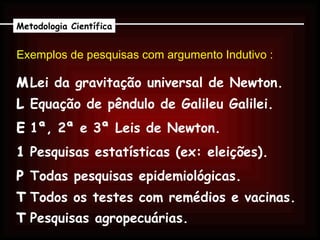 Exemplos de pesquisas com argumento Indutivo :   Metodologia Científica    Lei da gravitação universal de Newton.    Equação de pêndulo de Galileu Galilei.    1ª, 2ª e 3ª Leis de Newton.    Pesquisas estatísticas (ex: eleições).    Todas pesquisas epidemiológicas.    Todos os testes com remédios e vacinas.    Pesquisas agropecuárias. 