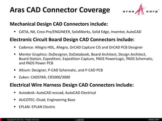 aras.comCopyright © 2013 Aras. All Rights Reserved. Slide 18
Aras CAD Connector Coverage
Mechanical Design CAD Connectors include:
 CATIA, NX, Creo-Pro/ENGINEER, SolidWorks, Solid Edge, Inventor, AutoCAD
Electronic Circuit Board Design CAD Connectors include:
 Cadence: Allegro HDL, Allegro, OrCAD Capture CIS and OrCAD PCB Designer
 Mentor Graphics: DxDesigner, DxDatabook, Board Architect, Design Architect,
Board Station, Expedition, Expedition Capture, PADS PowerLogic, PADS Schematic,
and PADS Power PCB
 Altium: Designer, P-CAD Schematic, and P-CAD PCB
 Zuken: CADSTAR, CR5000/3000
Electrical Wire Harness Design CAD Connectors include:
 Autodesk: AutoCAD ecscad, AutoCAD Electrical
 AUCOTEC: Elcad, Engineering Base
 EPLAN: EPLAN Electric
Slide 18
 