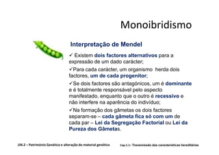 Monoibridismo
                                 Interpretação de Mendel
                                  Existem dois factores alternativos para a
                                expressão de um dado carácter;
                                  Para cada carácter, um organismo herda dois
                                factores, um de cada progenitor;
                                  Se dois factores são antagónicos, um é dominante
                                e é totalmente responsável pelo aspecto
                                manifestado, enquanto que o outro é recessivo e
                                não interfere na aparência do indivíduo;
                                  Na formação dos gâmetas os dois factores
                                separam-se – cada gâmeta fica só com um de
                                cada par – Lei da Segregação Factorial ou Lei da
                                Pureza dos Gâmetas.

UN.2 – Património Genético e alteração do material genético   Cap.1.1– Transmissão das características hereditárias
 