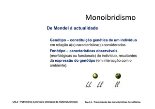 Monoibridismo
                              De Mendel à actualidade

                                 Genótipo – constituição genética de um indivíduo
                                 em relação à(s) característica(s) consideradas.
                                 Fenótipo – características observáveis
                                 (morfológicas ou funcionais) do indivíduo, resultantes
                                 da expressão do genótipo (em interacção com o
                                 ambiente).




UN.2 – Património Genético e alteração do material genético   Cap.1.1– Transmissão das características hereditárias
 