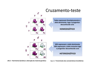 Cruzamento-teste
                                                                    Todos expressam fenotipicamente o
                                                                     alelo dominante, logo o progenitor
                                                                             desconhecido será

                                                                            HOMOZIGÓTICO




                                                                    50% expressam o alelo dominante,
                                                                   50% expressam o alelo recessivo logo
                                                                     o progenitor desconhecido será

                                                                            HETEROZIGÓTICO


UN.2 – Património Genético e alteração do material genético   Cap.1.1– Transmissão das características hereditárias
 
