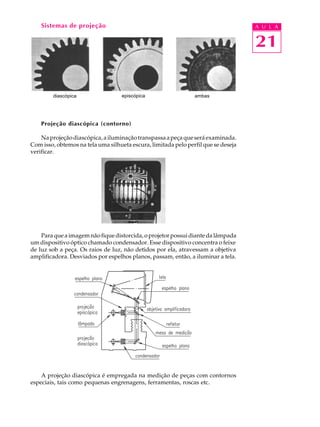 Sistemas de projeção                                                            A U L A


                                                                                    21

        diascópica                 episcópica                   ambas




    Projeção diascópica (contorno)

    Na projeção diascópica, a iluminação transpassa a peça que será examinada.
Com isso, obtemos na tela uma silhueta escura, limitada pelo perfil que se deseja
verificar.




    Para que a imagem não fique distorcida, o projetor possui diante da lâmpada
um dispositivo óptico chamado condensador. Esse dispositivo concentra o feixe
de luz sob a peça. Os raios de luz, não detidos por ela, atravessam a objetiva
amplificadora. Desviados por espelhos planos, passam, então, a iluminar a tela.




    A projeção diascópica é empregada na medição de peças com contornos
especiais, tais como pequenas engrenagens, ferramentas, roscas etc.
 