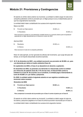 Módulo 21: Provisiones y Contingencias

      El asiento en el libro diario anterior es incorrecto. La entidad no debió cargar el costo de la
      campaña publicitaria contra la provisión por un litigio porque no es un desembolso para el
      que fue originalmente reconocida.
      La entidad debió haber contabilizado los sucesos de la siguiente manera:
      Marzo de 20X2

      Dr    Provisión por litigio (pasivo)                                40.000 u.m.

            Cr Resultados                                                                         40.000 u.m.

       Para reconocer el cambio en una estimación contable hecha en un periodo anterior para la liquidación
       esperada de un litigio desestimado por el tribunal en marzo de 20X2.



      Abril de 20X2

      Dr    Resultados                                                    40.000 u.m.

            Cr Efectivo                                                                           40.000 u.m.

       Para reconocer el costo de la campaña publicitaria.



      Nota: En este ejemplo, se han ignorado los efectos del incremento, que surge del paso del
      tiempo, en el importe descontado durante el periodo.


Ej 23 Al 31 de diciembre de 20X1, una entidad reconoció una provisión de 50.000 u.m. para
      una demanda por daños al medio ambiente (Caso A).
      En septiembre de 20X2, el Caso A se desestimó sin derecho a apelación.
      En diciembre de 20X2, se presentó una demanda no relacionada contra la entidad
      por infracción de patente (Caso B). A fin de ese mes, el tribunal falló contra la
      entidad en el Caso B. De acuerdo con el veredicto, la entidad pagó al demandante la
      suma de 40.000 u.m. por daños y perjuicios.
      En 20X2, la entidad realizó el siguiente asiento en sus registros contables para
      reconocer estos sucesos:
      Diciembre de 20X2

      Dr    Provisión por litigio (pasivo)                                50.000 u.m.

            Cr Resultados                                                                        10.000 u.m.

            Cr Efectivo                                                                          40.000 u.m.

       Para compensar la reversión de la provisión por el Caso A contra el pasivo por el Caso B.



      El asiento en el libro diario anterior es incorrecto. La entidad no debió cargar el costo de
      los daños y perjuicios pagados en el Caso B contra la provisión reconocida por el Caso A.
      La entidad debió haber contabilizado los sucesos de la siguiente manera:




Fundación IASC: Material de formación sobre la NIIF para las PYMES (versión 2010-2)                             21
 