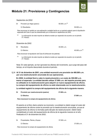 Módulo 21: Provisiones y Contingencias

      Septiembre de 20X2

      Dr     Provisión por litigio (pasivo)                          50.000 u.m.(a)

             Cr Resultados                                                                 50.000 u.m.

       Para reconocer el cambio en una estimación contable hecha en un periodo anterior para la liquidación
       esperada del Caso A que fue desestimado por el tribunal en septiembre de 20X2.
       (a)
              La información de este importe se debería revelar por separado de acuerdo con el párrafo
              21.14(a)(ii).



      Diciembre de 20X2

      Dr     Resultados                                              40.000 u.m.

             Cr Efectivo                                                                   40.000 u.m.(b)

       Para reconocer la liquidación del Caso B (infracción de patente).
       (b)
              La información de este importe se debería revelar por separado de acuerdo con el párrafo
              21.14(a)(ii).



      Nota: En este ejemplo, se han ignorado los efectos del incremento, que surge del paso del
      tiempo, en el importe descontado durante el periodo.


Ej 24 Al 31 de diciembre de 20X1, una entidad reconoció una provisión de 400.000 u.m.
      por una reestructuración anunciada de sus operaciones.
      En 20X2, la entidad llevó a cabo la reestructuración a un costo de 350.000 u.m.
      menor al esperado. La entidad decidió utilizar 37.000 u.m. del importe provisto pero
      no utilizado en la reestructuración para adquirir un nuevo equipamiento de oficina.
      La compra del equipamiento de oficina no está relacionada con la reestructuración.
      La entidad registró la compra del equipamiento de oficina de la siguiente manera:

      Dr     Provisión por reestructuración (pasivo)                 37.000 u.m.

             Cr Efectivo                                                                   37.000 u.m.

       Para reconocer la compra de equipamiento de oficina.



      El asiento en el libro diario anterior es incorrecto. La entidad no debió cargar el costo del
      equipamiento de oficina contra la provisión por la reestructuración anunciada, ya que el
      equipamiento de oficina no formaba parte del plan de reestructuración. Debió haber
      contabilizado el costo del equipamiento de oficina de la siguiente manera en el año
      finalizado el 31 de diciembre de 20X2:


      Dr     Propiedades, Planta y Equipo                            37.000 u.m.

             Cr Efectivo                                                                   37.000 u.m.

       Para reconocer la compra de equipamiento de oficina.



Fundación IASC: Material de formación sobre la NIIF para las PYMES (versión 2010-2)                           22
 
