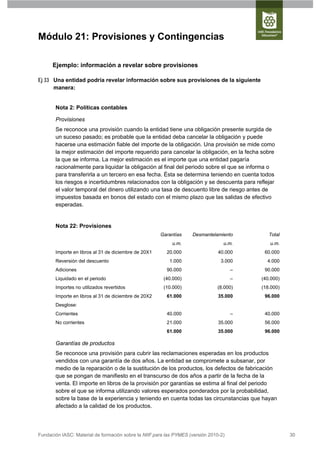 Módulo 21: Provisiones y Contingencias

      Ejemplo: información a revelar sobre provisiones

Ej 33 Una entidad podría revelar información sobre sus provisiones de la siguiente
      manera:


       Nota 2: Políticas contables

       Provisiones
       Se reconoce una provisión cuando la entidad tiene una obligación presente surgida de
       un suceso pasado; es probable que la entidad deba cancelar la obligación y puede
       hacerse una estimación fiable del importe de la obligación. Una provisión se mide como
       la mejor estimación del importe requerido para cancelar la obligación, en la fecha sobre
       la que se informa. La mejor estimación es el importe que una entidad pagaría
       racionalmente para liquidar la obligación al final del periodo sobre el que se informa o
       para transferirla a un tercero en esa fecha. Ésta se determina teniendo en cuenta todos
       los riesgos e incertidumbres relacionados con la obligación y se descuenta para reflejar
       el valor temporal del dinero utilizando una tasa de descuento libre de riesgo antes de
       impuestos basada en bonos del estado con el mismo plazo que las salidas de efectivo
       esperadas.


       Nota 22: Provisiones
                                                      Garantías     Desmantelamiento         Total
                                                           u.m.                   u.m.       u.m.
       Importe en libros al 31 de diciembre de 20X1      20.000                 40.000     60.000
       Reversión del descuento                            1.000                  3.000      4.000
       Adiciones                                         90.000                       –    90.000
       Liquidado en el periodo                         (40.000)                       –   (40.000)
       Importes no utilizados revertidos               (10.000)                (8.000)    (18.000)
       Importe en libros al 31 de diciembre de 20X2      61.000                 35.000     96.000
       Desglose:
       Corrientes                                        40.000                       –    40.000
       No corrientes                                     21.000                 35.000     56.000
                                                         61.000                 35.000     96.000

       Garantías de productos
       Se reconoce una provisión para cubrir las reclamaciones esperadas en los productos
       vendidos con una garantía de dos años. La entidad se compromete a subsanar, por
       medio de la reparación o de la sustitución de los productos, los defectos de fabricación
       que se pongan de manifiesto en el transcurso de dos años a partir de la fecha de la
       venta. El importe en libros de la provisión por garantías se estima al final del periodo
       sobre el que se informa utilizando valores esperados ponderados por la probabilidad,
       sobre la base de la experiencia y teniendo en cuenta todas las circunstancias que hayan
       afectado a la calidad de los productos.




Fundación IASC: Material de formación sobre la NIIF para las PYMES (versión 2010-2)                  30
 