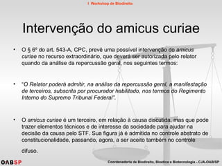 Intervenção do amicus curiae O § 6º do art. 543-A, CPC, prevê uma possível intervenção do  amicus curiae  no recurso extraordinário, que deverá ser autorizada pelo relator quando da análise da repercussão geral, nos seguintes termos:  “ O Relator poderá admitir, na análise da repercussão geral, a manifestação de terceiros, subscrita por procurador habilitado, nos termos do Regimento Interno do Supremo Tribunal Federal” .  O  amicus curiae  é um terceiro, em relação à causa discutida, mas que pode trazer elementos técnicos e de interesse da sociedade para ajudar na decisão da causa pelo STF. Sua figura já é admitida no controle abstrato de constitucionalidade, passando, agora, a ser aceito também no controle difuso.   