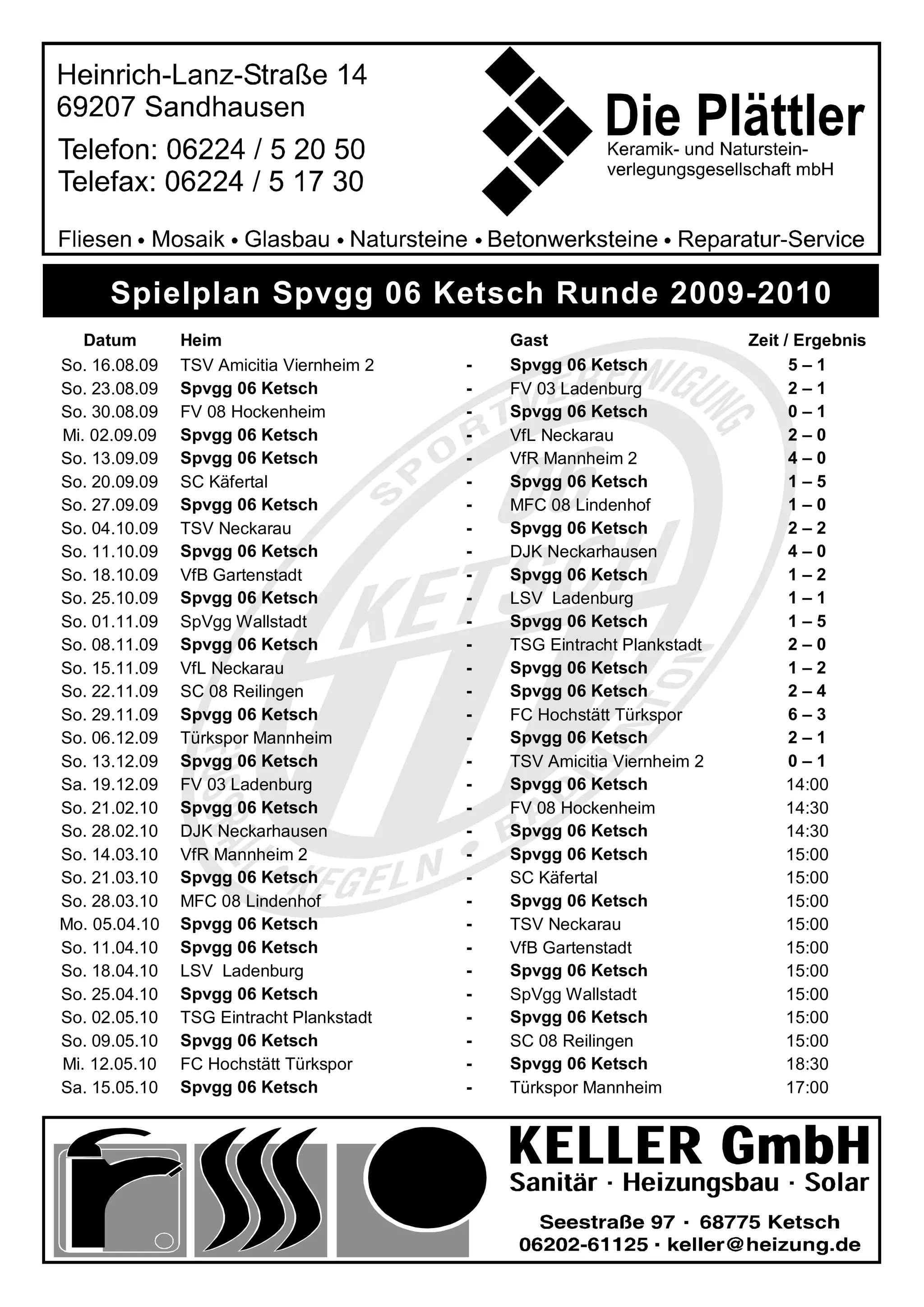 Spielplan Spvgg 06 Ketsch Runde 2009-2010
   Datum       Heim                           Gast                       Zeit / Ergebnis
So. 16.08.09   TSV Amicitia Viernheim 2   -   Spvgg 06 Ketsch                  5–1
So. 23.08.09   Spvgg 06 Ketsch            -   FV 03 Ladenburg                  2–1
So. 30.08.09   FV 08 Hockenheim           -   Spvgg 06 Ketsch                  0–1
Mi. 02.09.09   Spvgg 06 Ketsch            -   VfL Neckarau                     2–0
So. 13.09.09   Spvgg 06 Ketsch            -   VfR Mannheim 2                   4–0
So. 20.09.09   SC Käfertal                -   Spvgg 06 Ketsch                  1–5
So. 27.09.09   Spvgg 06 Ketsch            -   MFC 08 Lindenhof                 1–0
So. 04.10.09   TSV Neckarau               -   Spvgg 06 Ketsch                  2–2
So. 11.10.09   Spvgg 06 Ketsch            -   DJK Neckarhausen                 4–0
So. 18.10.09   VfB Gartenstadt            -   Spvgg 06 Ketsch                  1–2
So. 25.10.09   Spvgg 06 Ketsch            -   LSV Ladenburg                    1–1
So. 01.11.09   SpVgg Wallstadt            -   Spvgg 06 Ketsch                  1–5
So. 08.11.09   Spvgg 06 Ketsch            -   TSG Eintracht Plankstadt         2–0
So. 15.11.09   VfL Neckarau               -   Spvgg 06 Ketsch                  1–2
So. 22.11.09   SC 08 Reilingen            -   Spvgg 06 Ketsch                  2–4
So. 29.11.09   Spvgg 06 Ketsch            -   FC Hochstätt Türkspor            6–3
So. 06.12.09   Türkspor Mannheim          -   Spvgg 06 Ketsch                  2–1
So. 13.12.09   Spvgg 06 Ketsch            -   TSV Amicitia Viernheim 2         0–1
Sa. 19.12.09   FV 03 Ladenburg            -   Spvgg 06 Ketsch                 14:00
So. 21.02.10   Spvgg 06 Ketsch            -   FV 08 Hockenheim                14:30
So. 28.02.10   DJK Neckarhausen           -   Spvgg 06 Ketsch                 14:30
So. 14.03.10   VfR Mannheim 2             -   Spvgg 06 Ketsch                 15:00
So. 21.03.10   Spvgg 06 Ketsch            -   SC Käfertal                     15:00
So. 28.03.10   MFC 08 Lindenhof           -   Spvgg 06 Ketsch                 15:00
Mo. 05.04.10   Spvgg 06 Ketsch            -   TSV Neckarau                    15:00
So. 11.04.10   Spvgg 06 Ketsch            -   VfB Gartenstadt                 15:00
So. 18.04.10   LSV Ladenburg              -   Spvgg 06 Ketsch                 15:00
So. 25.04.10   Spvgg 06 Ketsch            -   SpVgg Wallstadt                 15:00
So. 02.05.10   TSG Eintracht Plankstadt   -   Spvgg 06 Ketsch                 15:00
So. 09.05.10   Spvgg 06 Ketsch            -   SC 08 Reilingen                 15:00
Mi. 12.05.10   FC Hochstätt Türkspor      -   Spvgg 06 Ketsch                 18:30
Sa. 15.05.10   Spvgg 06 Ketsch            -   Türkspor Mannheim               17:00
 