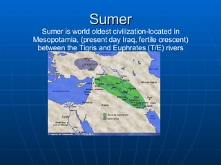 Sumer Sumer is world oldest civilization-located in Mesopotamia, (present day Iraq, fertile crescent) between the Tigris and Euphrates (T/E) rivers 