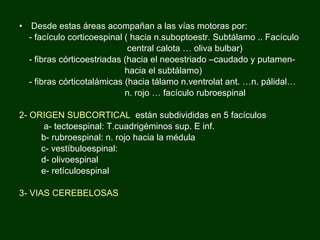 Desde estas áreas acompañan a las vías motoras por: - facículo corticoespinal ( hacia n.suboptoestr. Subtálamo .. Facículo central calota … oliva bulbar) - fibras córticoestriadas (hacia el neoestriado –caudado y putamen- hacia el subtálamo)  - fibras córticotalámicas (hacia tálamo n.ventrolat ant. …n. pálidal… n. rojo … facículo rubroespinal ) 2- ORIGEN SUBCORTICAL   están subdivididas en 5 facículos a- tectoespinal: T.cuadrigéminos sup. E inf. b- rubroespinal: n. rojo hacia la médula c- vestíbuloespinal:  d- olivoespinal e- retículoespinal 3- VIAS CEREBELOSAS 