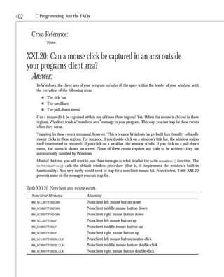 402        C Programming: Just the FAQs



         Cross Reference:
                  None.


      XXI.20: Can a mouse click be captured in an area outside
      your program’s client area?
        Answer:
            In Windows, the client area of your program includes all the space within the border of your window, with
            the exception of the following areas:
              x The title bar
              x The scrollbars
              x The pull-down menu
            Can a mouse click be captured within any of these three regions? Yes. When the mouse is clicked in these
            regions, Windows sends a “nonclient area” message to your program. This way, you can trap for these events
            when they occur.
            Trapping for these events is unusual, however. This is because Windows has prebuilt functionality to handle
            mouse clicks in these regions. For instance, if you double-click on a window’s title bar, the window resizes
            itself (maximized or restored). If you click on a scrollbar, the window scrolls. If you click on a pull-down
            menu, the menu is shown on-screen. None of these events requires any code to be written—they are
            automatically handled by Windows.
            Most of the time, you will want to pass these messages to what is called the DefWindowProc() function. The
            DefWindowProc() calls the default window procedure (that is, it implements the window’s built-in
            functionality). You very rarely would need to trap for a nonclient mouse hit. Nonetheless, Table XXI.20
            presents some of the messages you can trap for.


      Table XXI.20. Nonclient area mouse events.
         Nonclient Message                   Meaning
         WM_NCLBUTTONDOWN                    Nonclient left mouse button down
         WM_NCMBUTTONDOWN                    Nonclient middle mouse button down
         WM_NCRBUTTONDOWN                    Nonclient right mouse button down
         WM_NCLBUTTONUP                      Nonclient left mouse button up
         WM_NCMBUTTONUP                      Nonclient middle mouse button up
         WM_NCRBUTTONUP                      Nonclient right mouse button up
         WM_NCLBUTTONDBLCLK                  Nonclient left mouse button double-click
         WM_NCMBUTTONDBLCLK                  Nonclient middle mouse button double-click
         WM_NCRBUTTONDBLCLK                  Nonclient right mouse button double-click
 